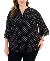 Kasper Plus Dot-Print Flutter-Sleeve Blouse