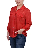 Ny Collection Petite Long Roll Tab Sleeve Burnout Knit Top