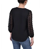 Ny Collection Petite V-neck Blouse with 3/4 Jacquard Chiffon Sleeves