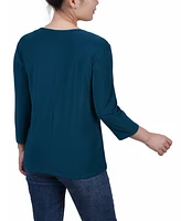 Ny Collection Petite 3/4 Sleeve Top with Illusion Neckline and Stones