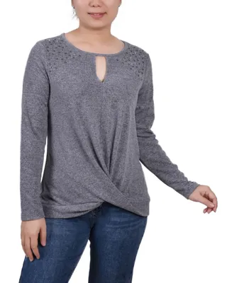 Petite Long Sleeve Knit Keyhole Top