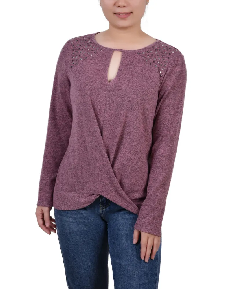 Petite Long Sleeve Knit Keyhole Top