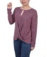 Petite Long Sleeve Knit Keyhole Top