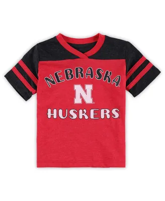 Girls Toddler Colosseum Scarlet, Black Nebraska Huskers Piecrust Promise Striped V-Neck T-shirt