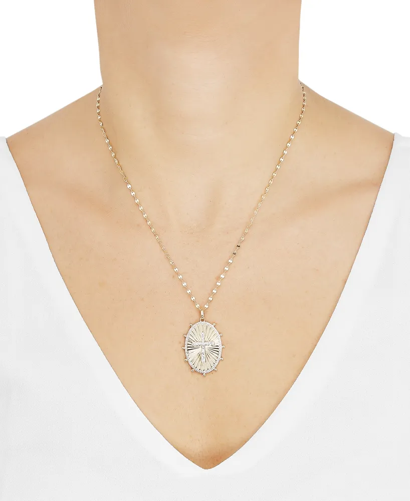 Lab-Grown White Sapphire (1/4 ct. t.w.) & Diamond Accent Cross Oval Pendant Necklace in 14k Gold-Plated Sterling Silver, 16" + 2" extender