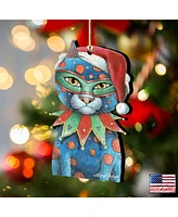 Designocracy Mardi Gras Santa Cat Wooden Ornament by Laura Seeley Pets Decor Set of 2