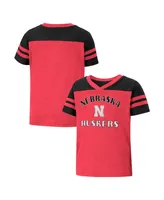 Girls Toddler Colosseum Scarlet, Black Nebraska Huskers Piecrust Promise Striped V-Neck T-shirt