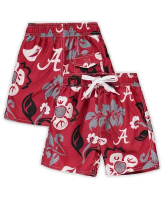 Little Boys and Girls Wes & Willy Crimson Alabama Tide Floral Volley Swim Shorts