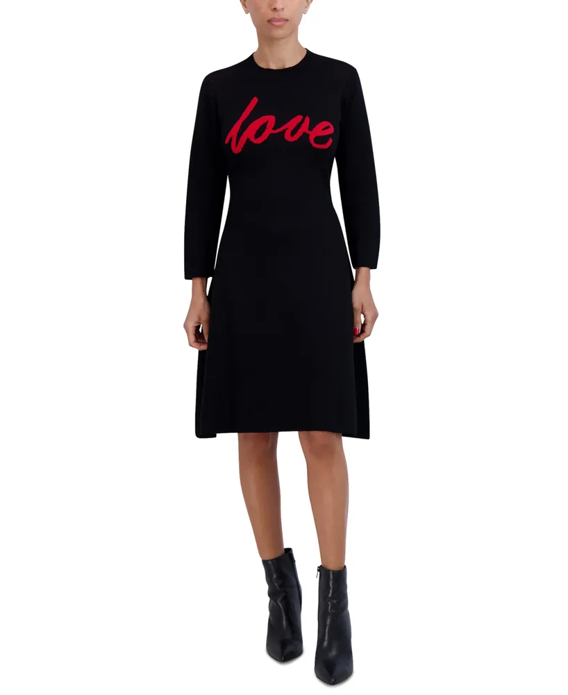 Robbie Bee Petite Crewneck Long-Sleeve Love A-Line Dress