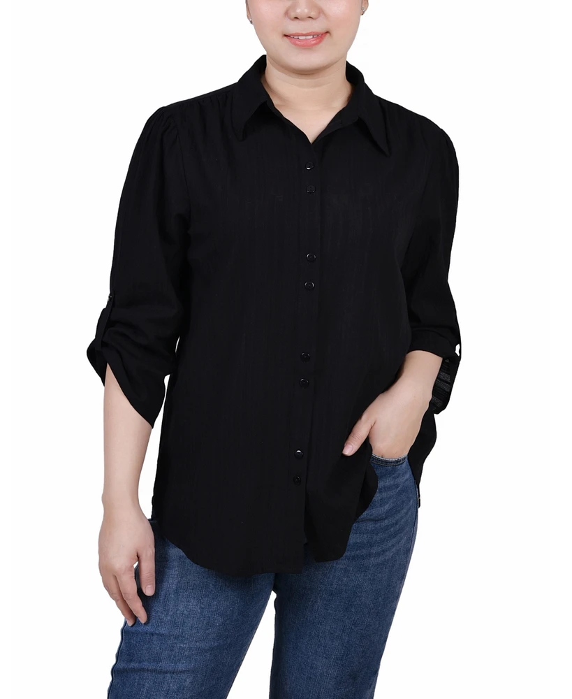 Ny Collection Women's 3/4 Roll Tab Sleeve Cotton Blouse