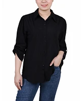 Ny Collection Women's 3/4 Roll Tab Sleeve Cotton Blouse