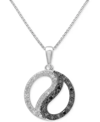 Black Diamond (1/10 ct. t.w.) & White Diamond (1/10 ct. t.w.) Yin Yang 18" Pendant Necklace in Sterling Silver