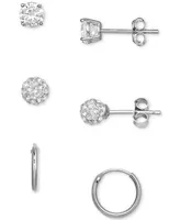 Giani Bernini 3-Pc. Set Cubic Zirconia Stud & Polished Hoop Earrings in Sterling Silver, Created for Macy's