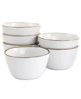 Elama Flat, Raised Rim, Gold-Tone Trim Alejandro 6 Piece Stoneware Bowl Set, Service for 6 - Matte White with Gold