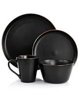 Elama Flat, Raised Rim, Gold-Tone Trim Mateo 16 Piece Stoneware Dinnerware Set, Service for 4