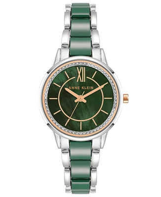 Anne Klein Women's Three-Hand Quartz Silver-Tone Alloy with Green Ceramic Bracelet Watch, 32mm - Silver