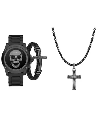 Ed Hardy Men's Matte Black Metal Bracelet Watch 46mm Gift Set - Two
