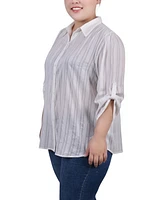 Ny Collection Plus 3/4 Roll Tab Sleeve Cotton Blouse