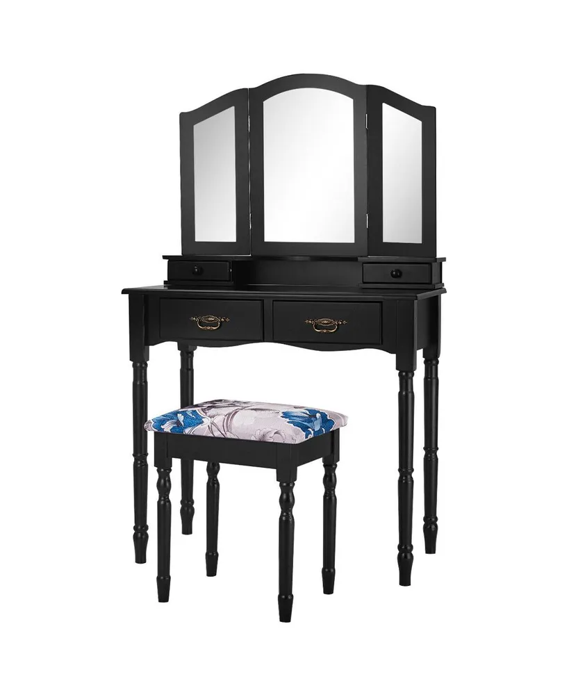 Black Tri Folding Mirror Vanity Makeup Table Stool 4 Drawers