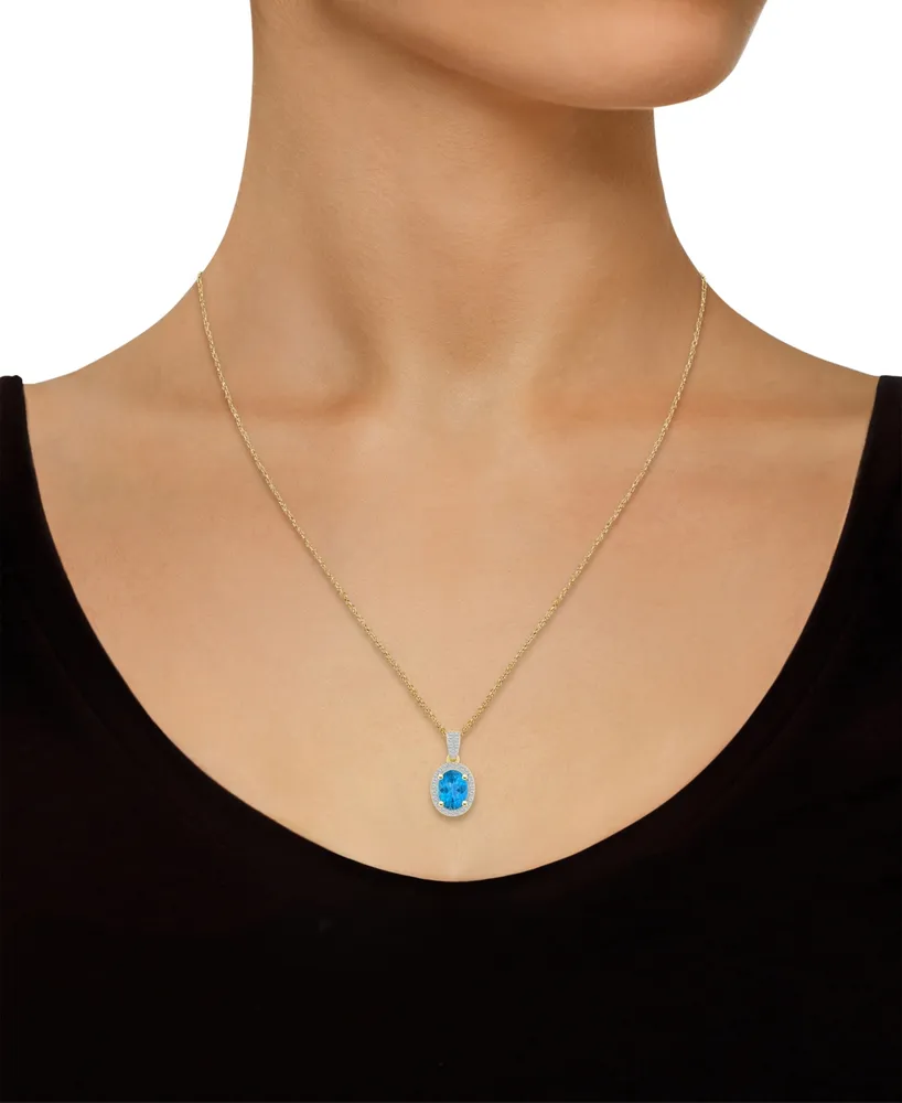 Macy's Topaz (1-3/5 ct. t.w.) and Lab Grown Sapphire (1/6 ct. t.w.) Halo Pendant Necklace in 10K Yellow Gold