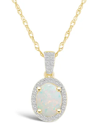 Macy's Created Opal (1/2 ct. t.w.) and Created Sapphire (1/6 ct. t.w.) Halo Pendant Necklace in 10K Yellow Gold
