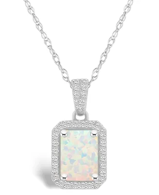 Macy's Lab Grown Opal (3/4 ct. t.w.) and Lab Grown Sapphire (1/5 ct. t.w.) Halo Pendant Necklace in 10K White Gold