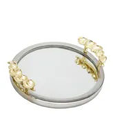 Classic Touch Mirror Tray Border Leaf Design on Handle 12" x 2" - Silver-Tone and Gold