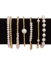 Cultured Freshwater Pearl (4-1/2 - 5mm) & Polished Bead Station Stretch Bracelet 18k Gold-Plated Sterling Silver