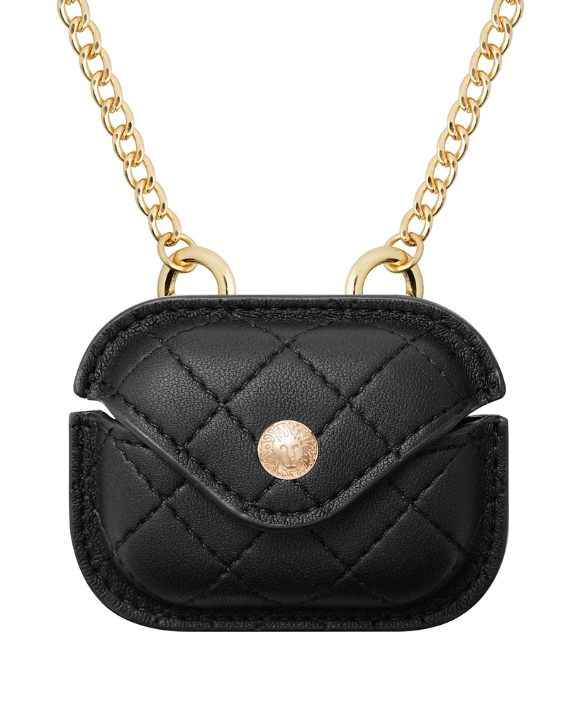 Anne Klein Women's Black Faux Leather Quilted Case with Crossbody Chain designed for AirPods Pro - Black, Gold