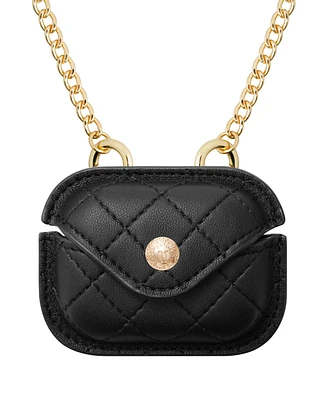 Anne Klein Women's Black Faux Leather Quilted Case with Crossbody Chain designed for AirPods Pro