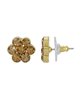 2028 Light Brown Crystal Flower Button Earrings