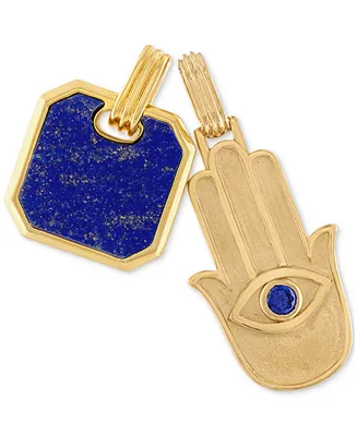 Esquire Men's Jewelry 2-Pc. Set Lapis Lazuli & Cubic Zirconia Dog Tag & Hamsa Hand Amulet Pendants in 14k Gold