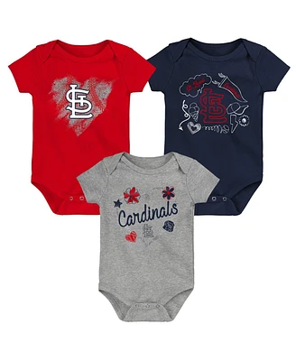 Girls Newborn and Infant Red, Navy, Heathered Gray St. Louis Cardinals 3-Pack Batter Up Bodysuit Set