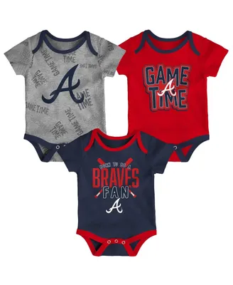Newborn and Infant Boys and Girls Atlanta Braves Navy, Red, Heathered Gray Game Time Three-Piece Bodysuit Set
