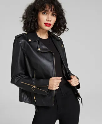 Sam Edelman Women's Leather Zip-Cuff Moto Jacket