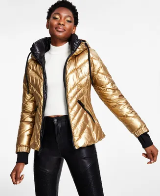 Guess Women's Metallic Quilted Hooded Puffer Coat, Created for Macy's