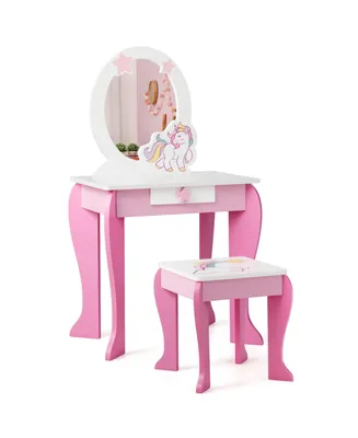 Costway Kids Vanity Makeup Dressing Table Chair Set Wooden