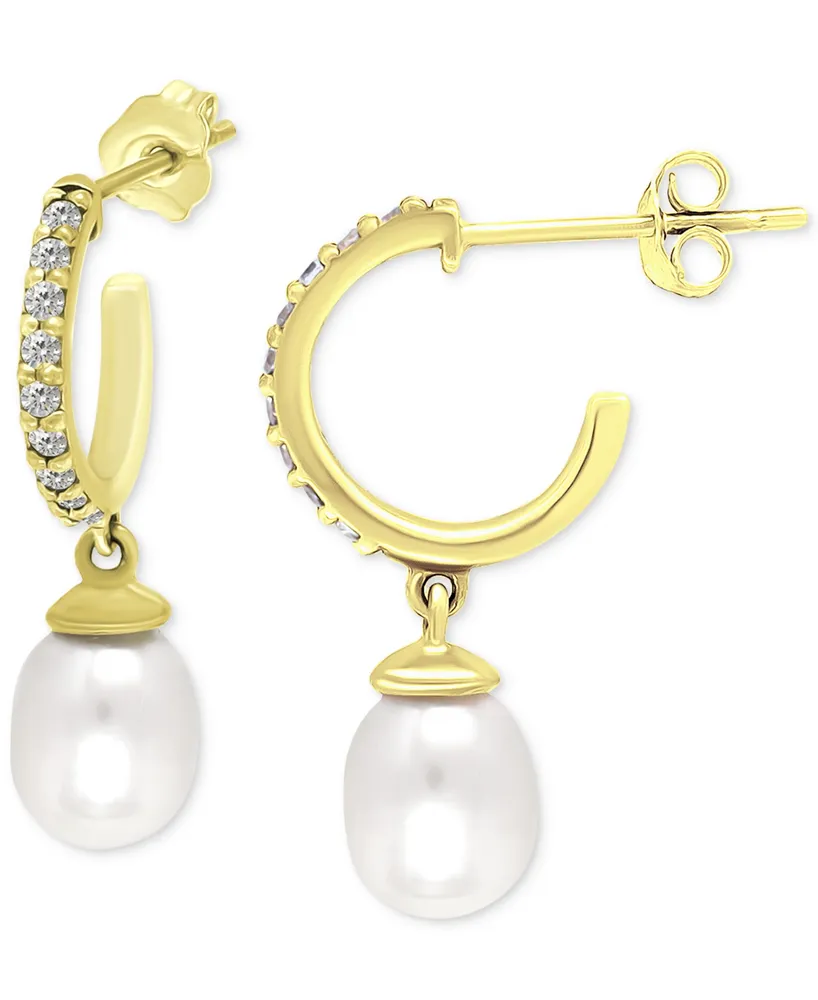 Giani Bernini Freshwater Pearl (8 x 6mm) & Cubic Zirconia Dangle Hoop Earrings, Created for Macy's