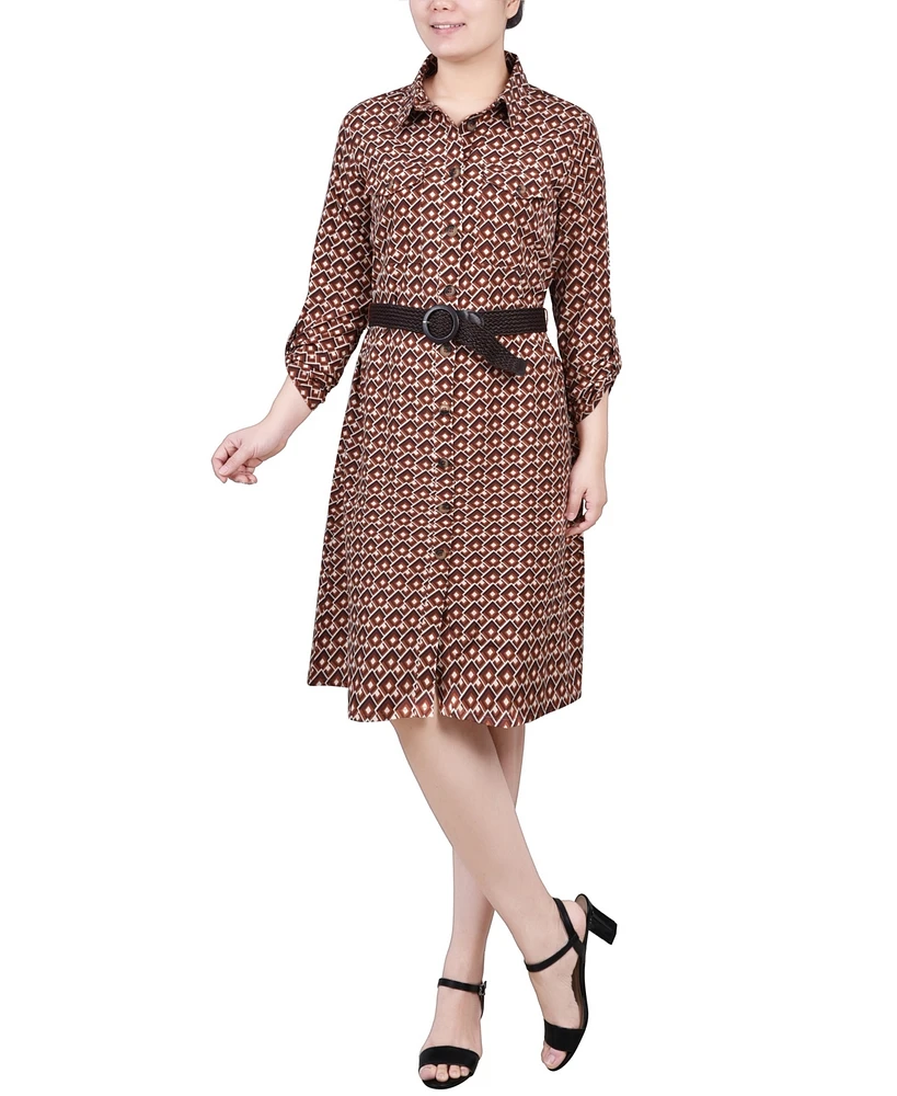 Ny Collection Women's 3/4 Roll Tab Sleeve Shirt Dress