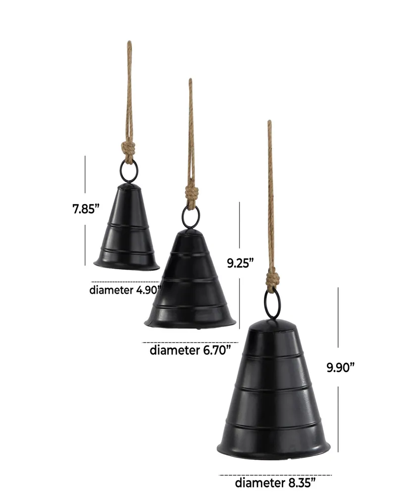 Rosemary Lane Black Metal Bohemian Decorative Cow Bell with Jute Hanging Rope Set 3 Pieces