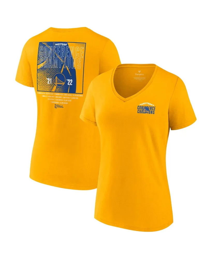 Women's Fanatics Gold Golden State Warriors 2022 Western Conference Champions Balanced Attack Roster V-Neck T-shirt