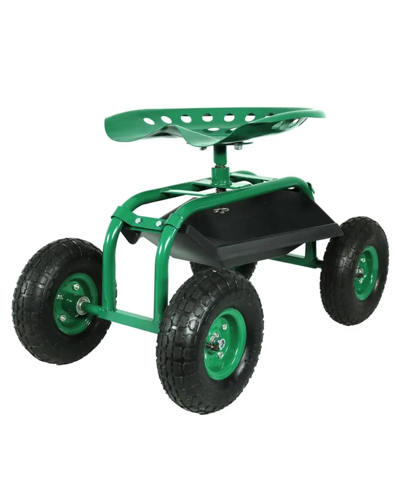 Sunnydaze Decor Steel Rolling Garden Cart with Swivel Steering/Tray - Green