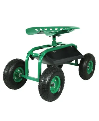 Sunnydaze Decor Steel Rolling Garden Cart with Swivel Steering/Tray - Green