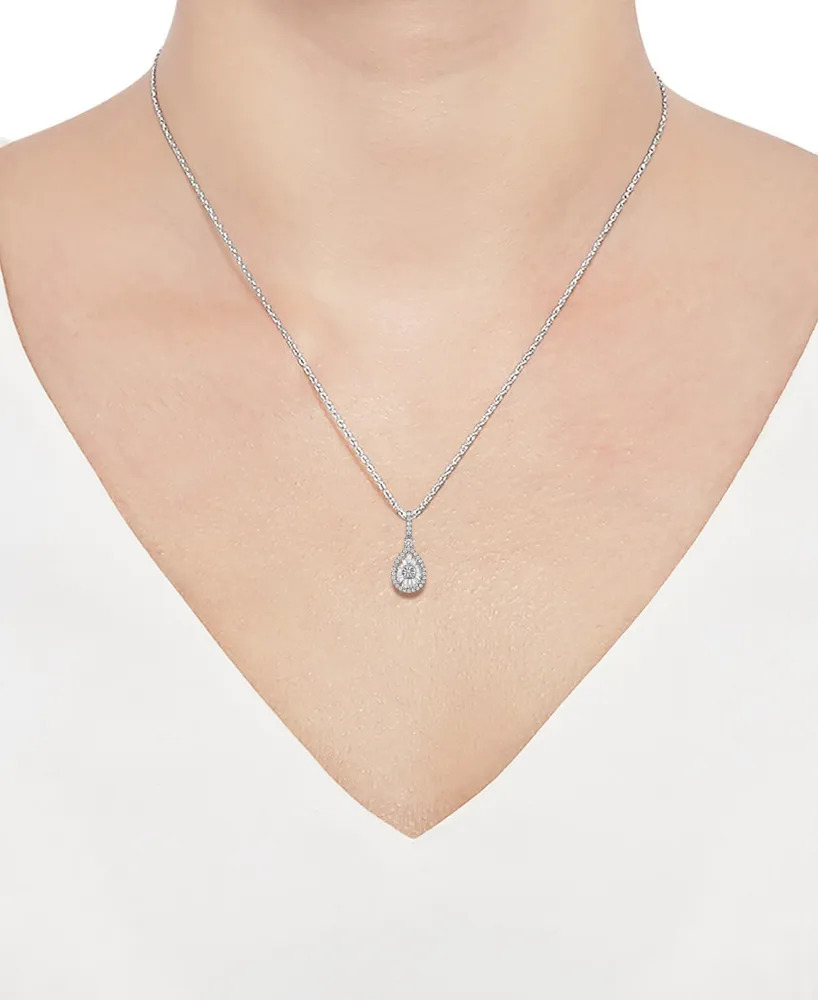 Diamond Round & Baguette Teardrop Cluster 18" Pendant Necklace (1/4 ct. t.w.) in Sterling Silver