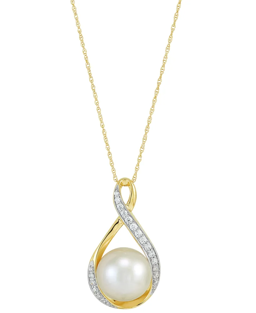 Honora Cultured Ming Pearl (11mm) & Diamond (1/4 ct. t.w.) Swirl Pendant Necklace 14k Gold, 16" + 2" extender