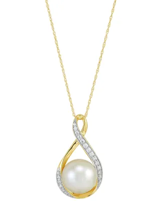 Honora Cultured Ming Pearl (11mm) & Diamond (1/4 ct. t.w.) Swirl Pendant Necklace 14k Gold, 16" + 2" extender