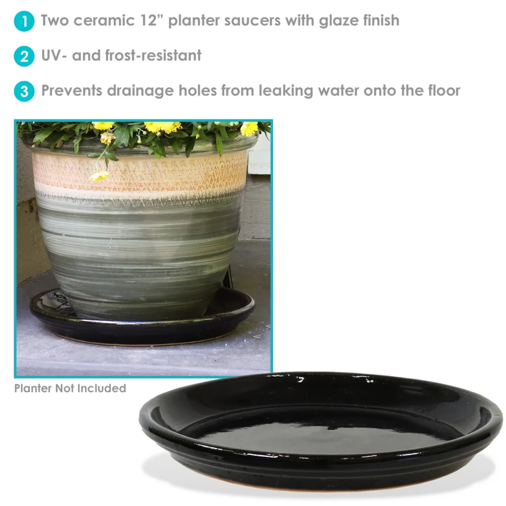 Sunnydaze Decor Glazed Ceramic Planter Saucers - 12" - Obsidian - Set of 2