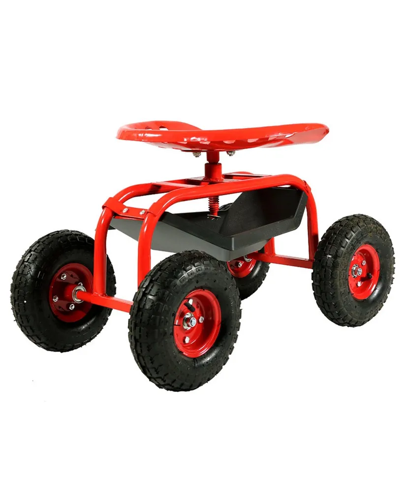 Rolling Garden Cart with Swivel Seat and Storage - Rolling Garden Seat with Wheels - Gardening Stool with Wheels - Red