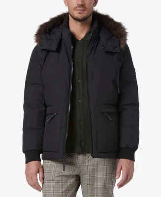 Marc New York Men's Down Bomber with Faux Fur Trim and Removable Hood