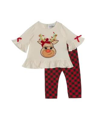 Rare Editions Baby Girls Solid Knit top with Reindeer Applique and Check Printed Legging Set, 2 Piece